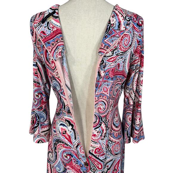 Tommy Hilfiger SZ 4 A-Line Dress Paisley 3/4 Bell Sleeves Stretch Round Neck Zip - Picture 7 of 10
